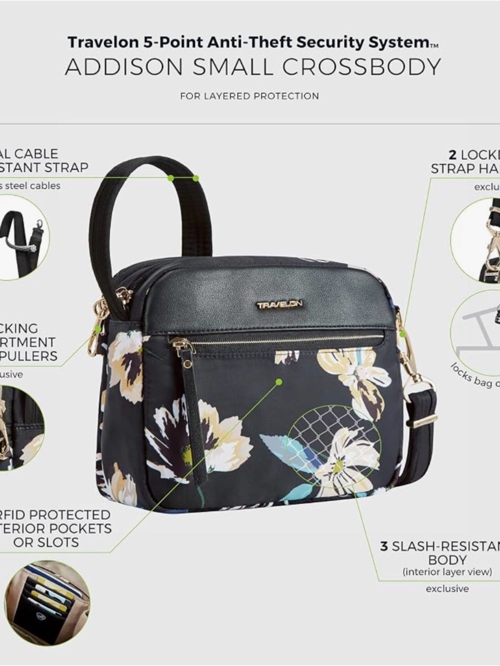 Travelon Black Floral Crossbody with Gold Logo - Picture 7 of 11